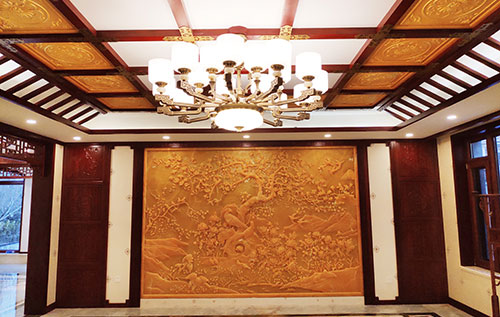 淮南中式别墅客厅中式木作横梁吊顶装饰展示